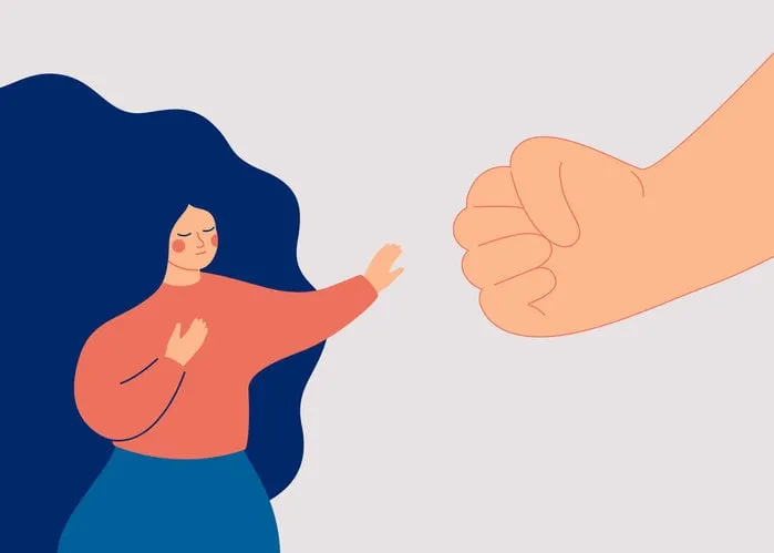 a strong woman protesting against domestic violence and female abuse stop violence against women a big fist threatens a girl vector illustration