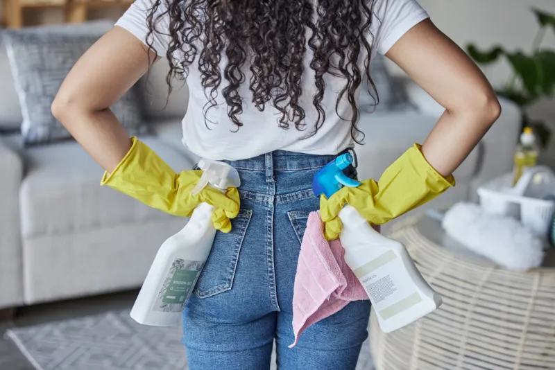 cleaning, housekeeping and hands of woman with cloth, cleaning products and detergents in living room housework, cleaning service and back of girl ready with spray bottle for spring cleaning home