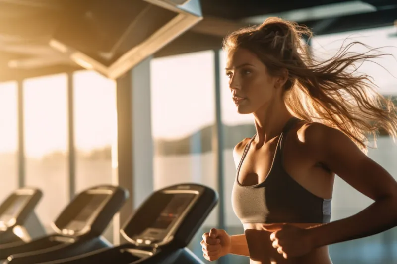 portrait of beautiful woman working out at gym, running on treadmill and doing fitness exercises healthy concept