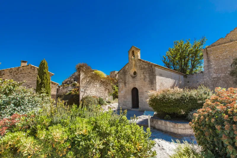 view at chapelle saint blaise, an old church in les baux de provence, france