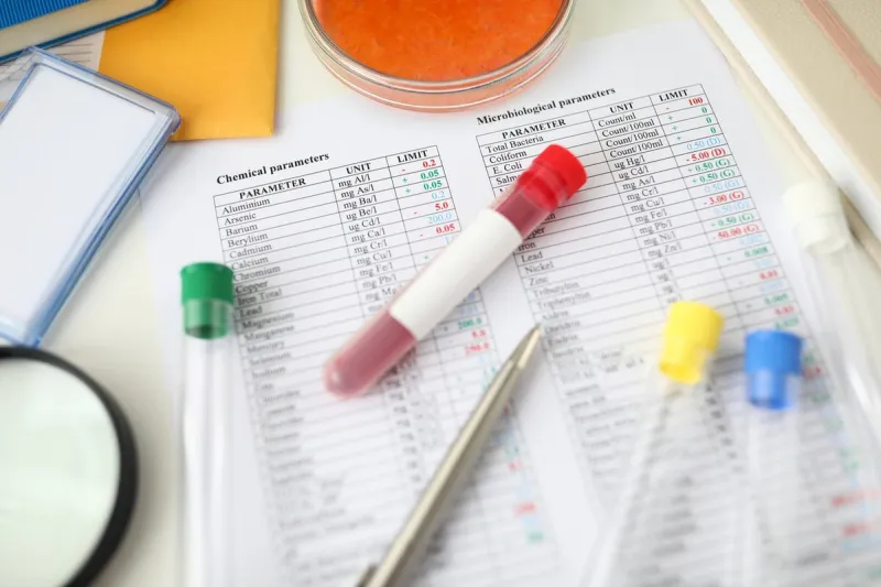 close-up of paper with chemical and microbiological parameters information in numbers flasks with colourful covers on desk modern medicine and diagnostic concept