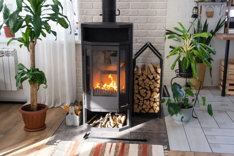 black metal steel fireplace stove with fire and firewood in green home with indoor plant in flower pot in village house cozy home hearth in interior with potted plants