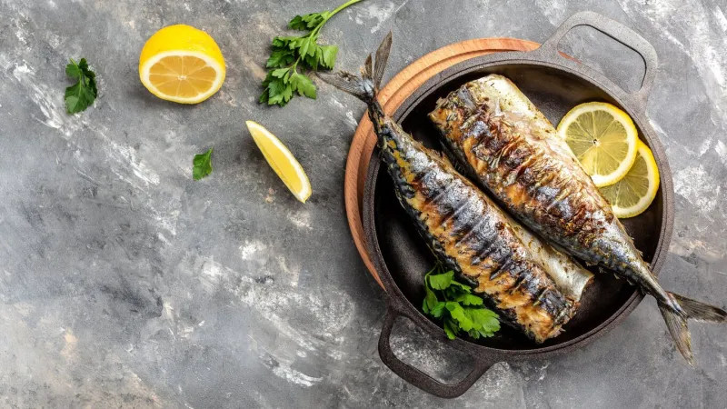 bbq grilled mackerel fish with herbs beer fest menu banner, menu recipe place for text, top view