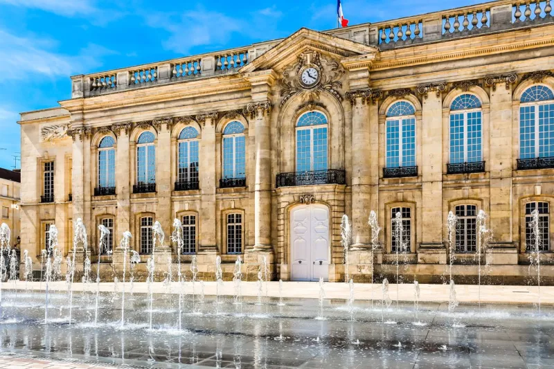 fountain and city hall building in the center city beauvais, france