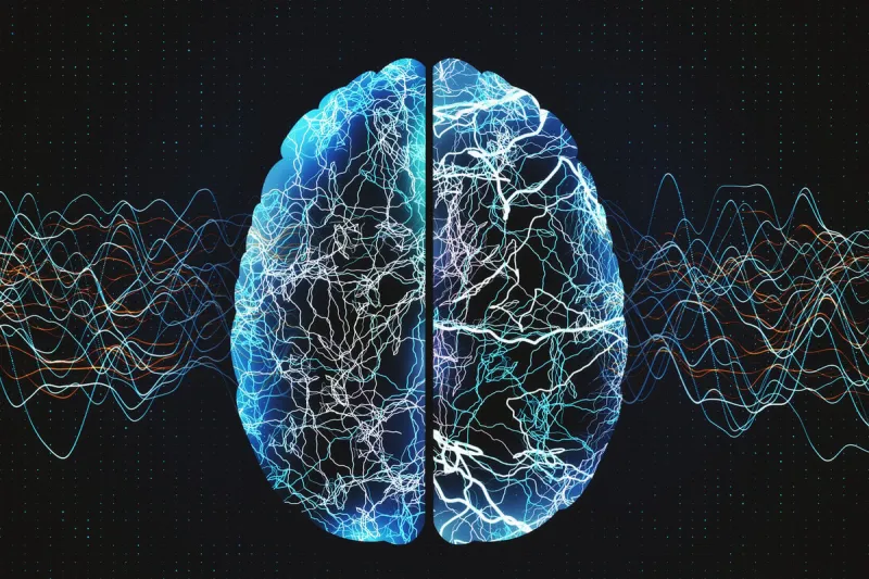 abstract glowing blue brain with color lines on dark background ai and future concept 3d rendering