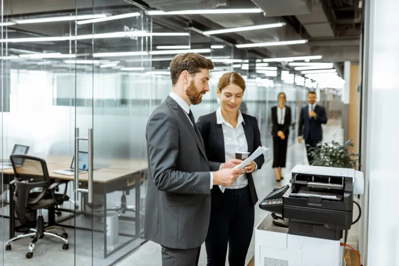 business man and woman talking near the copier during a coffee break in the hallway of the big corporation