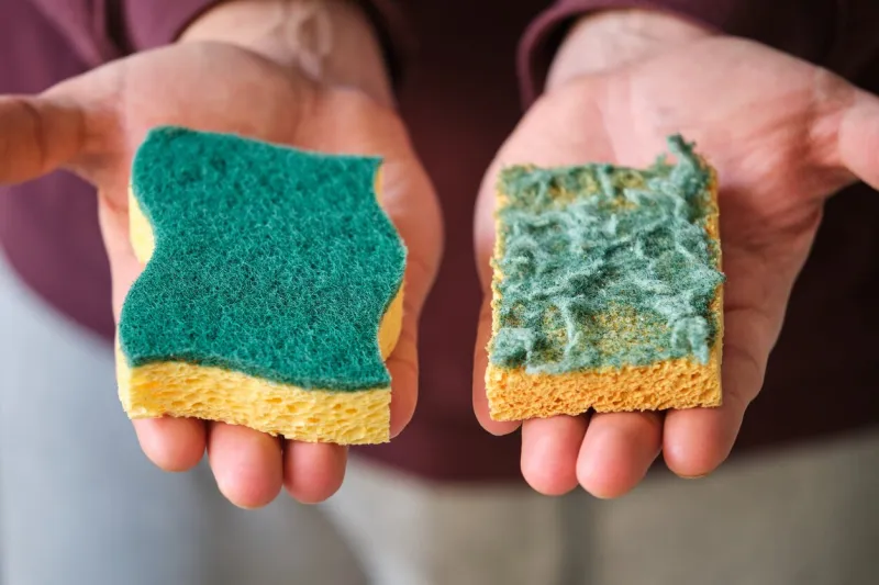 mens hands comparing new and old double-side cleaning scouring sponge