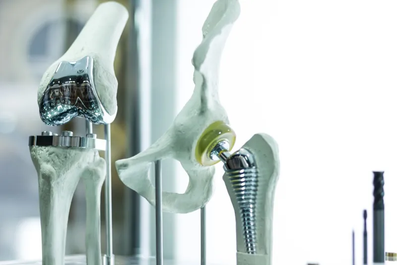 modern knee and hip prosthesis made by cad engineer and manufactured by 3d printing