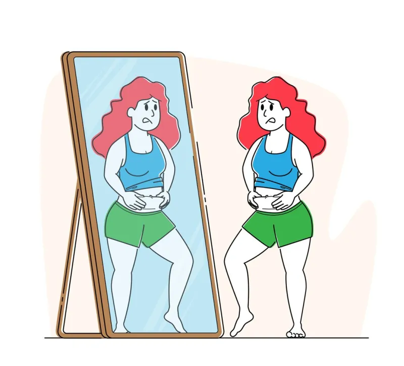 body rejection concept plus size female character with low self-esteem looking at mirror dissatisfied with figure disgust to self appearance, depression, mental problem linear vector illustration