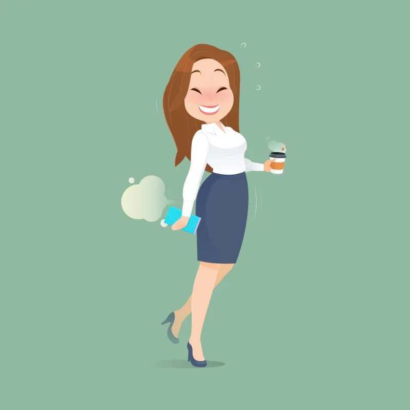 the office woman who is holding a cup of coffee is shy when she farted funny cartoon illustration, concept with healthcare and medicine