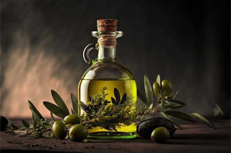 a bottle of olive oil with olives and leaves on a table with a dark background and a few olives on the table with a cork top of olives and a sprig