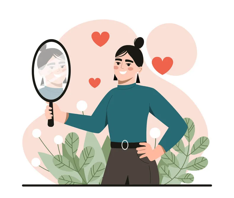love of self young girl looks at her reflection in mirror and smiles character pleased with appearance and body positive psychology and optimism, high self esteem cartoon flat vector illustration