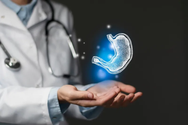 gastroenterologist doctor, stomach specialist aesthetic handdrawn highlighted illustration of human stomach dark grey background, studio photo and collage