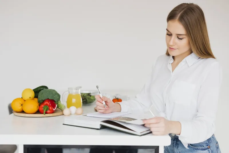 cute blonde woman is writing something down and looking at a recipe book in the kitchen