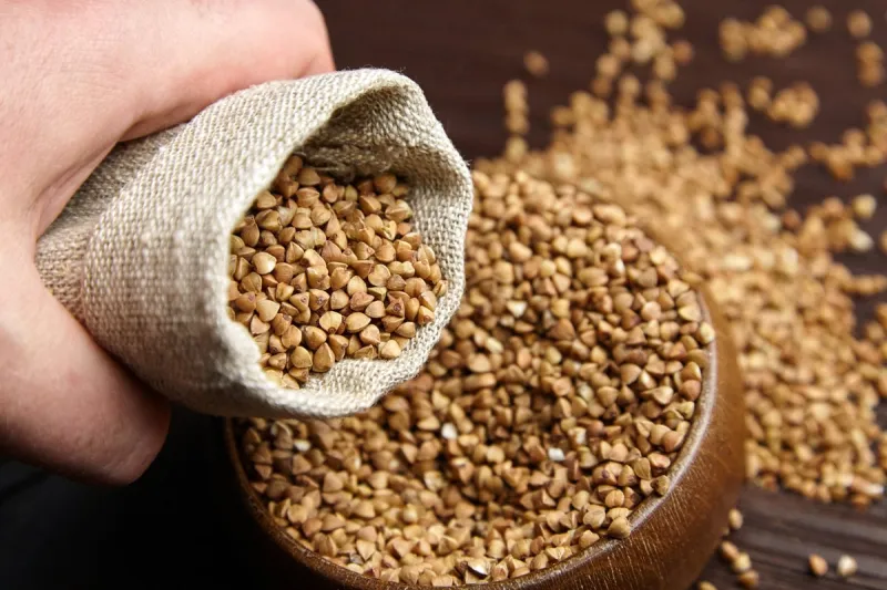 buckwheat groats (hulled seeds) in bowl , hand with burlap bag, closeup ingredient in breakfast food buckwheat whole grains on wooden table, selective focus
