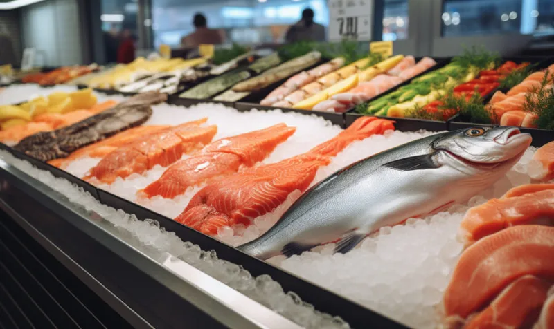 fresh organic seafood, fish, tuna in the refrigerator on ice on the shelf in the supermarketa, variety shopping in a supermarket, healthy consumerism food concept