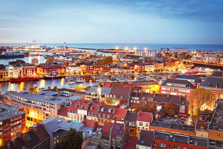 aerial view of the french town dunkirk (dunkerque) by twilight
