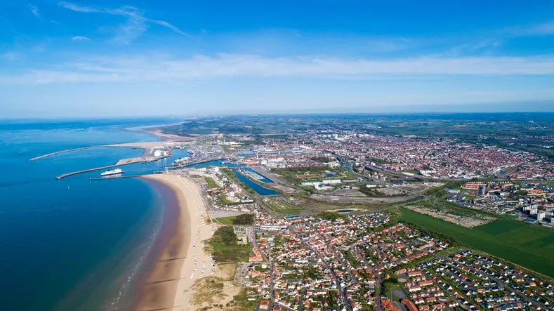 aerial view of calais city and harbor, france