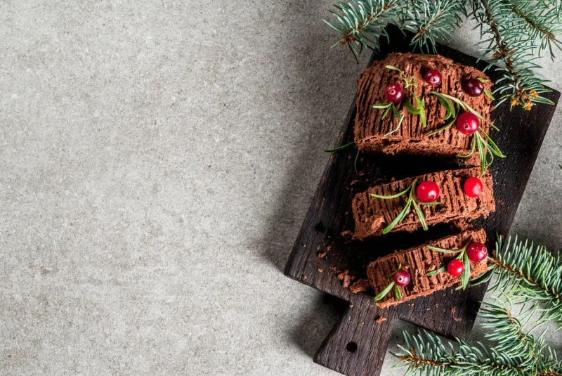 traditional christmas dessert, christmas yule log cake with chocolate cream, cranberry and rosemary twigs on stone gray background with christmas tree branches, copy space top view