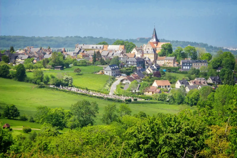 landscape of beaumont en auge in normandy, france