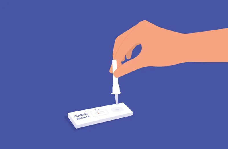 a person's hand holding extraction buffer tube and placing the liquid sample to the covid-19 cartridge test kit close-up, isolated on blue background vector, illustration, flat design, character