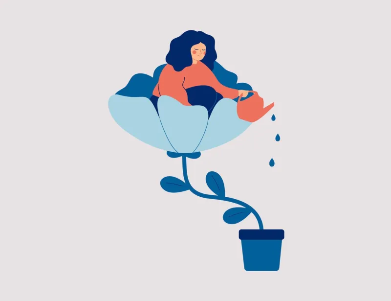 a happy woman sits in the flower and waters it smiling girl cares about herself and her future concept of love yourself and a healthy lifestyle vector illustration