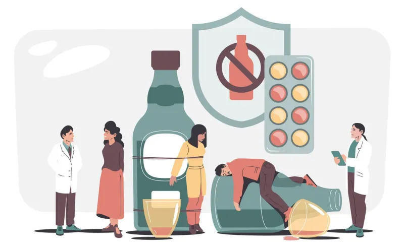 alcohol addiction treatment cartoon man with glass and drunk woman, doctor with medical equipment and patient with pill vector illustration flat characters in depression near bottle