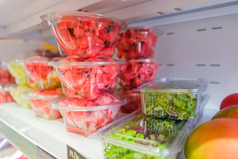 healthy fruit and vegetables in grocery shop close up of fresh food in refrigerator