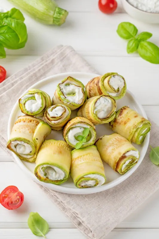 zucchini appetizer rolls with cream cheese, garlic and herbs on a plate on a white wooden background selective focus