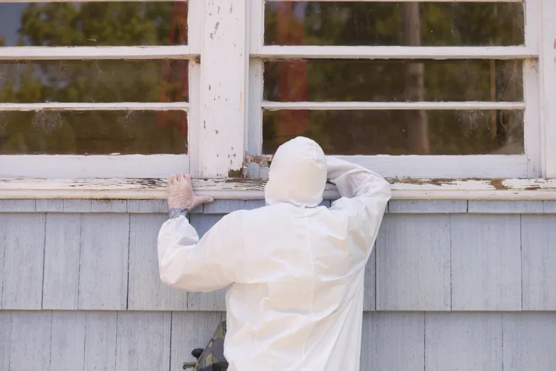 a house painter in a hazmat suit scrapes off dangerous lead paint from a window sill