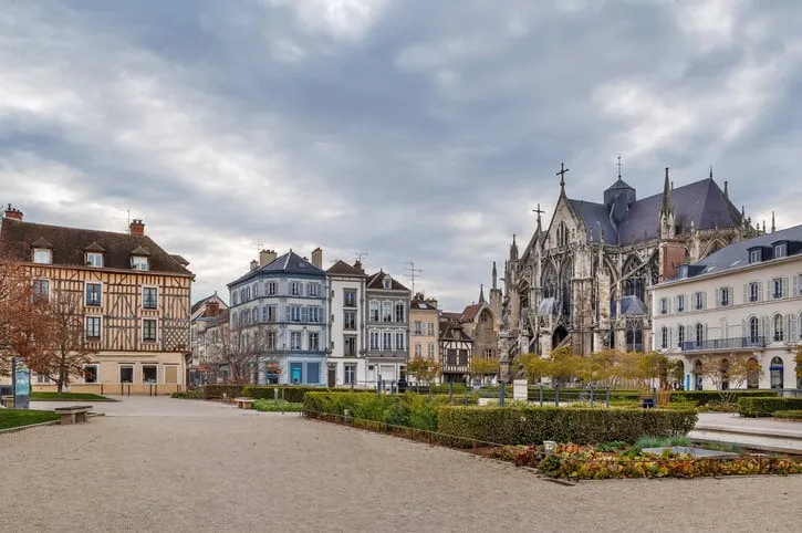square with basilica of saint urban in troyes downtown, france