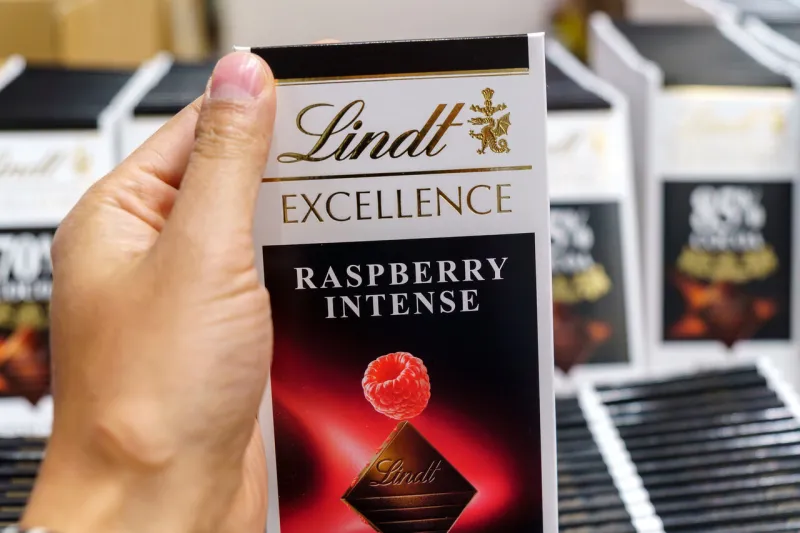 volzhsky, russia-september 21, 2021  lindt excellence raspberry intense exellence chocolate bar selective focus