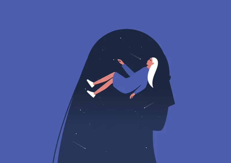 meditative mind, young female character levitating inside their own head, psychotherapy and balance, focus and meditation, psychedelic experience