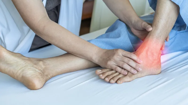 ankle pain from instability, arthritis, gout, tendonitis, fracture, nerve compression (tarsal tunnel syndrome), infection and poor structural alignment of leg or foot in ageing patient with doctor