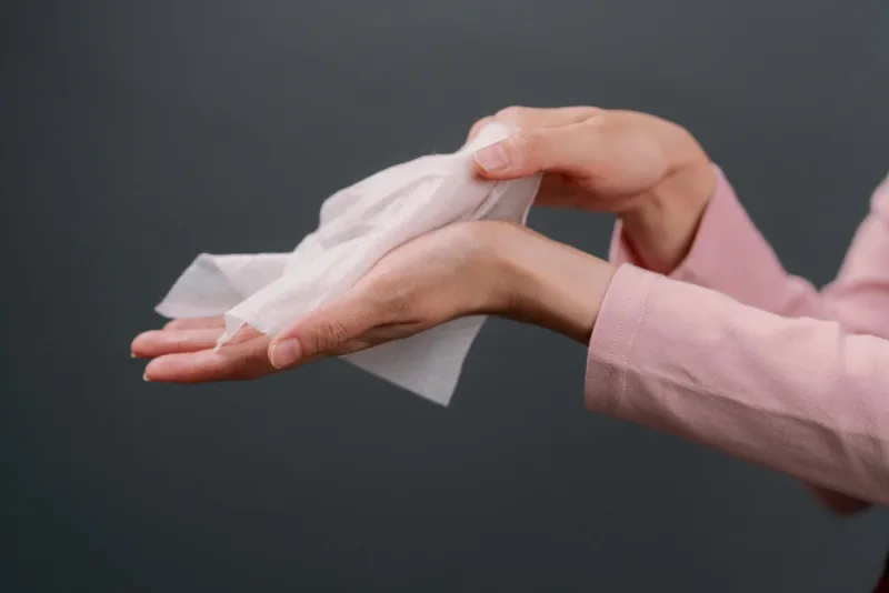 asian woman cleaning her dirty hands with baby wipe paper or washcloth adult woman using white wet tissue to clean up her hand healthcare, hygiene and beauty concept on gray background with copy space close up