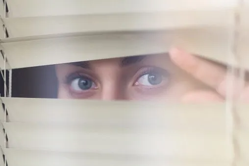 girl looks at you through the blinds, close up
