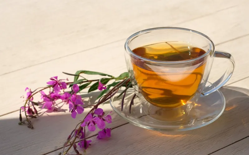 glass cup of tea with willow-herb on wooden background with sunlight