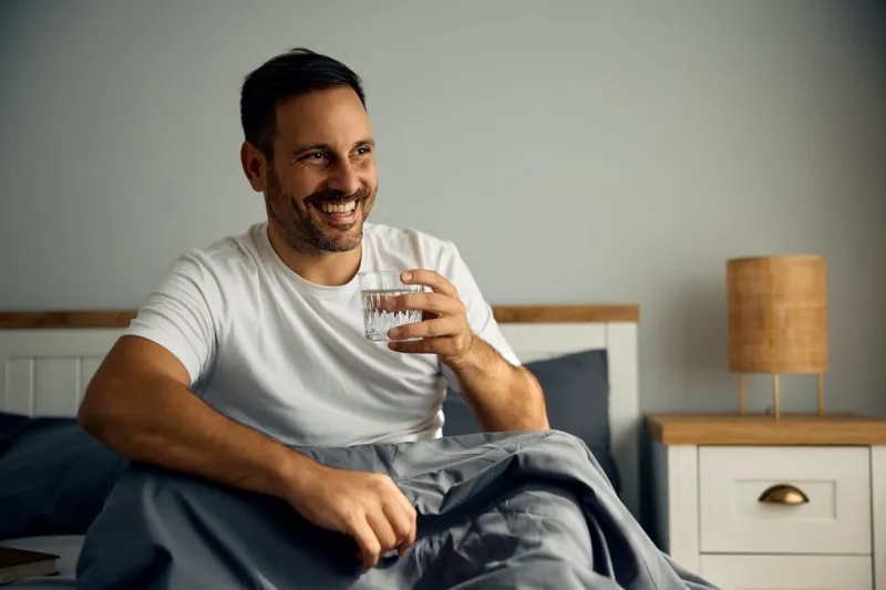 happy man having a glass of water after waking up in bedroom