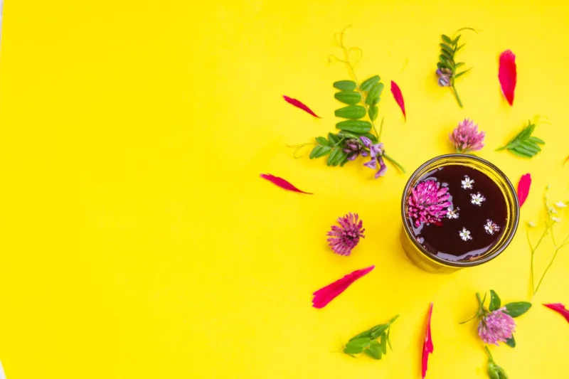 glass with hibiscus or karkade tea with different wildflowers on yellow background top view copy space for text