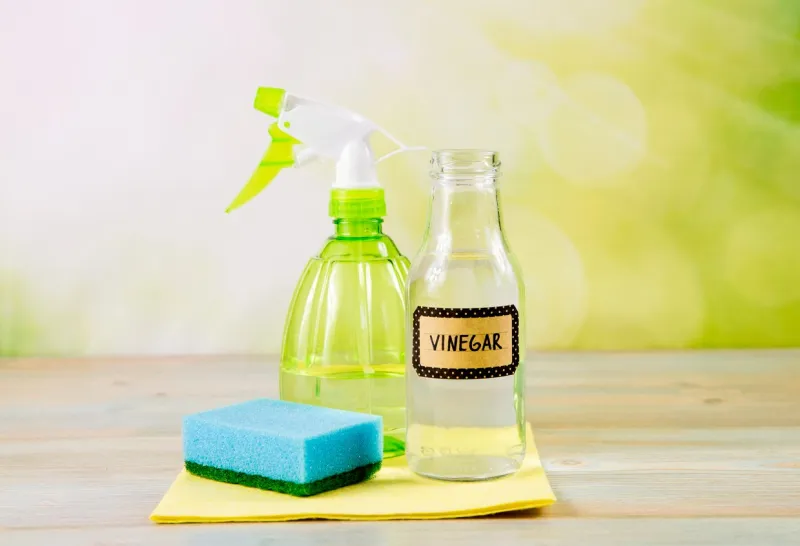 chemical free home cleaner products concept using natural destilled white vinegar in spray bottle to remove stains tools on wooden table, green bokeh background, copy space