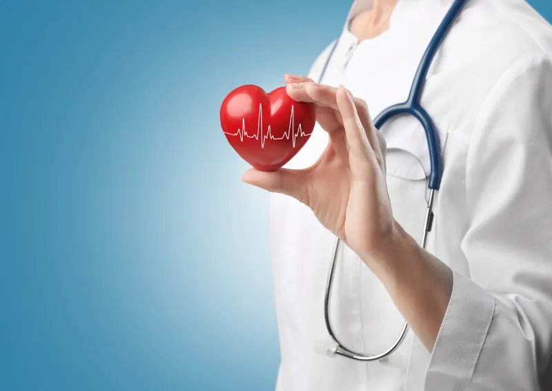 cardiologist holding red heart with electrocardiogram cardiology concept