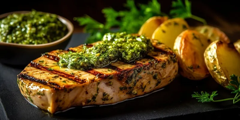 grilled swordfish steak with a zesty herb marinade, accompanied