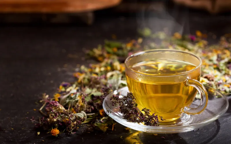 cup of herbal tea with various herbs on dark background
