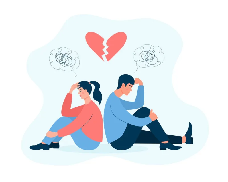 couple in quarrel unhappy man and woman sitting back to back and suffer broken heart above them problems in relationship, parting, divorce, conflicts, misunderstanding and crisis in family
