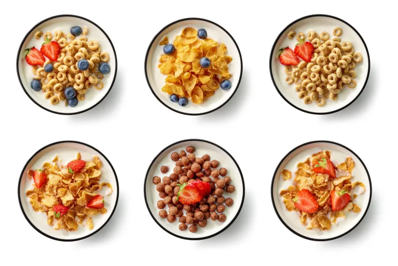 bowls of breakfast cereal with milk and berries isolated on white background, top view