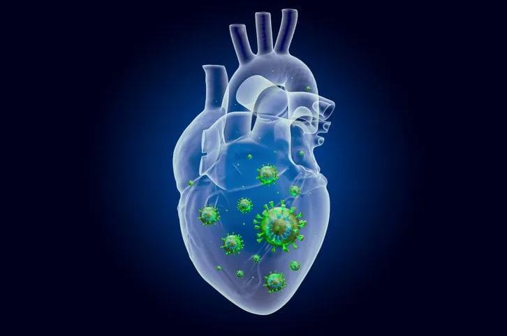 heart with virus, ghost light effect, x-ray hologram 3d rendering on dark blue background