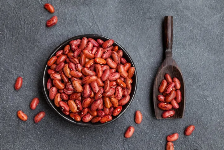 red kidney beans in a black bowl on grey stone background top view
