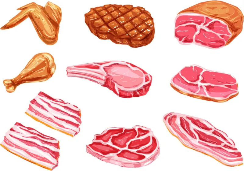 meat watercolor paint vector icons beefsteak, barbeque grill brisket and bbq chicken legs or wings, beef tenderloin or ham bacon and sirloin fresh meat products in watercolor for butcher shop market