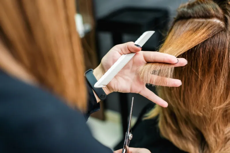 female hairdresser is holding in hand between fingers a red hair is cutting woman hair close up
