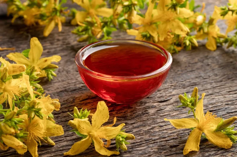 a bowl of red oil made from st john's wort flowers